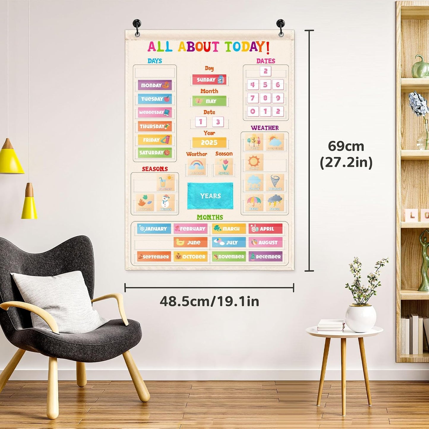 Daily Morning Board Circle Time Calendar Weather Seasons Positive Affirmations Letter Shape Number of the Day Pocket Chart,Toddler Preschool Calendar,Homeschool Morning Work Activity, Pastel Design