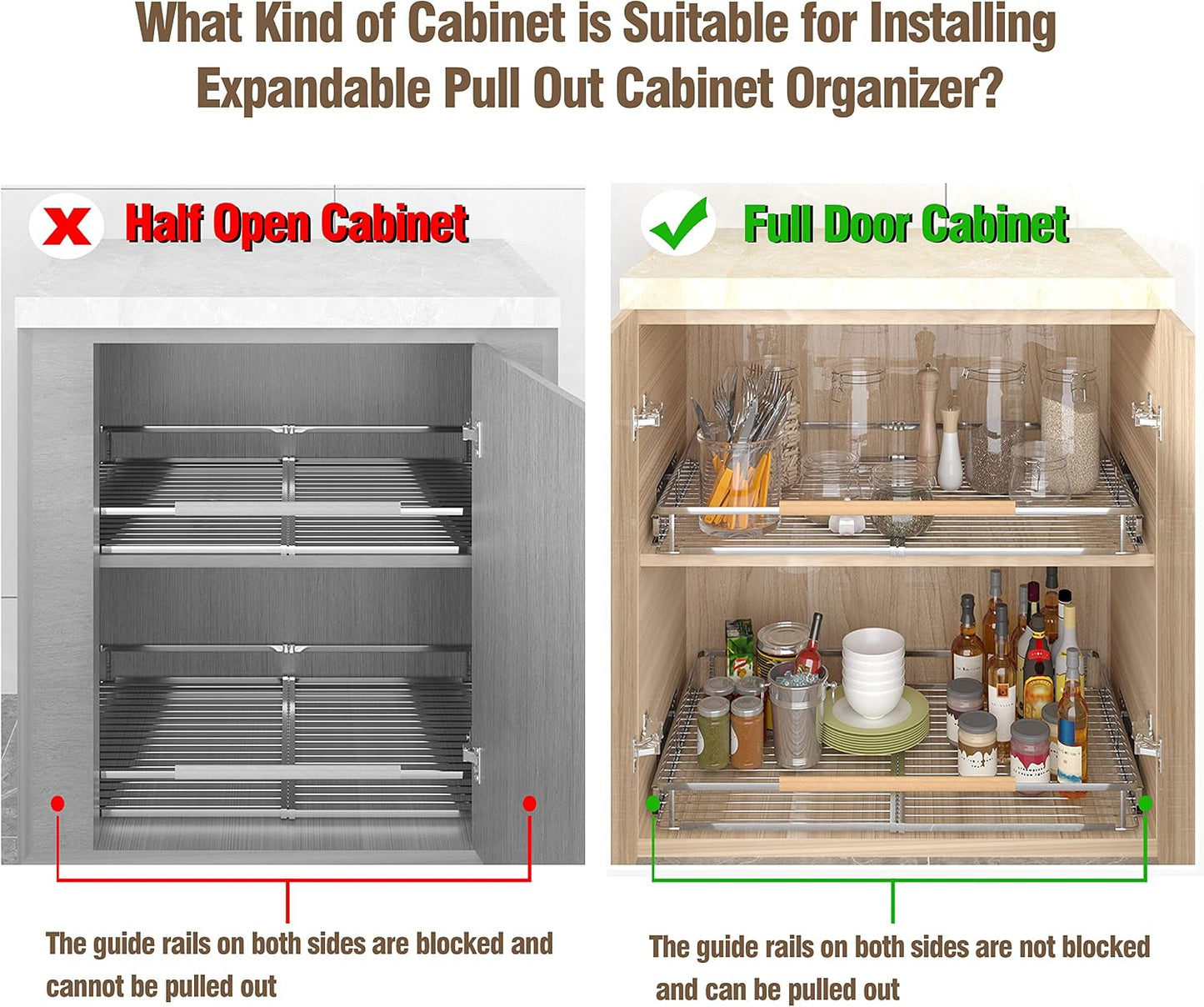 Pull Out Cabinet Organizer, 23~39.8" W x 22.5" D, 2 Pack | Expandable Pull Out Shelves for Kitchen Cabinets, Heavy Duty Stainless Steel Slide Out Pantry Shelves Sliding Shelf for Home