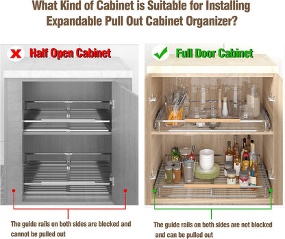 Pull Out Cabinet Organizer, 23~39.8" W x 22.5" D, 2 Pack | Expandable Pull Out Shelves for Kitchen Cabinets, Heavy Duty Stainless Steel Slide Out Pantry Shelves Sliding Shelf for Home
