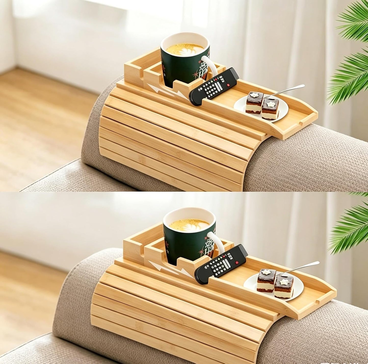 Bamboo Couch Cup Holder, Foldable and Anti-Slip Sofa Arm Table with Detachable Sofa Arm Organizer Tray, Portable 2 in 1 Sofa Armrest Tray for Drink, Coffee, Cup, Remote, Snacks, Cellphone, Glasses