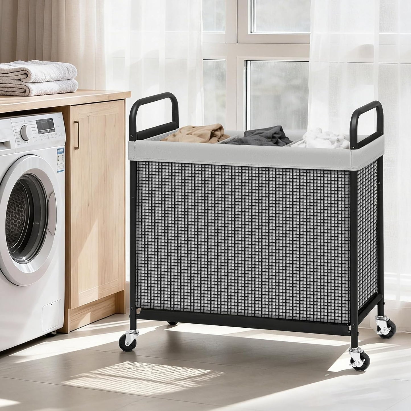 STORAGE MANIAC Rolling Laundry Hamper with Wheels 2-Section Laundry Sorter Rolling Laundrys Basket on Wheels with Removable Bag Clothes Hamper Laundrys Organizer Cart Bathroom Bedroom 100L Beige