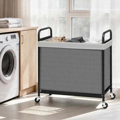 STORAGE MANIAC Rolling Laundry Hamper with Wheels 2-Section Laundry Sorter Rolling Laundrys Basket on Wheels with Removable Bag Clothes Hamper Laundrys Organizer Cart Bathroom Bedroom 100L Beige