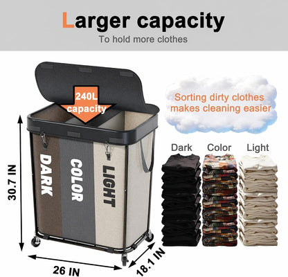 Laundry Sorter with Wheels 240L Rolling Laundry Cart,3 Compartment Designed Removable Laundry Bag for Daily Use in Bathrooms and Laundry Rooms (Brown, 240L)