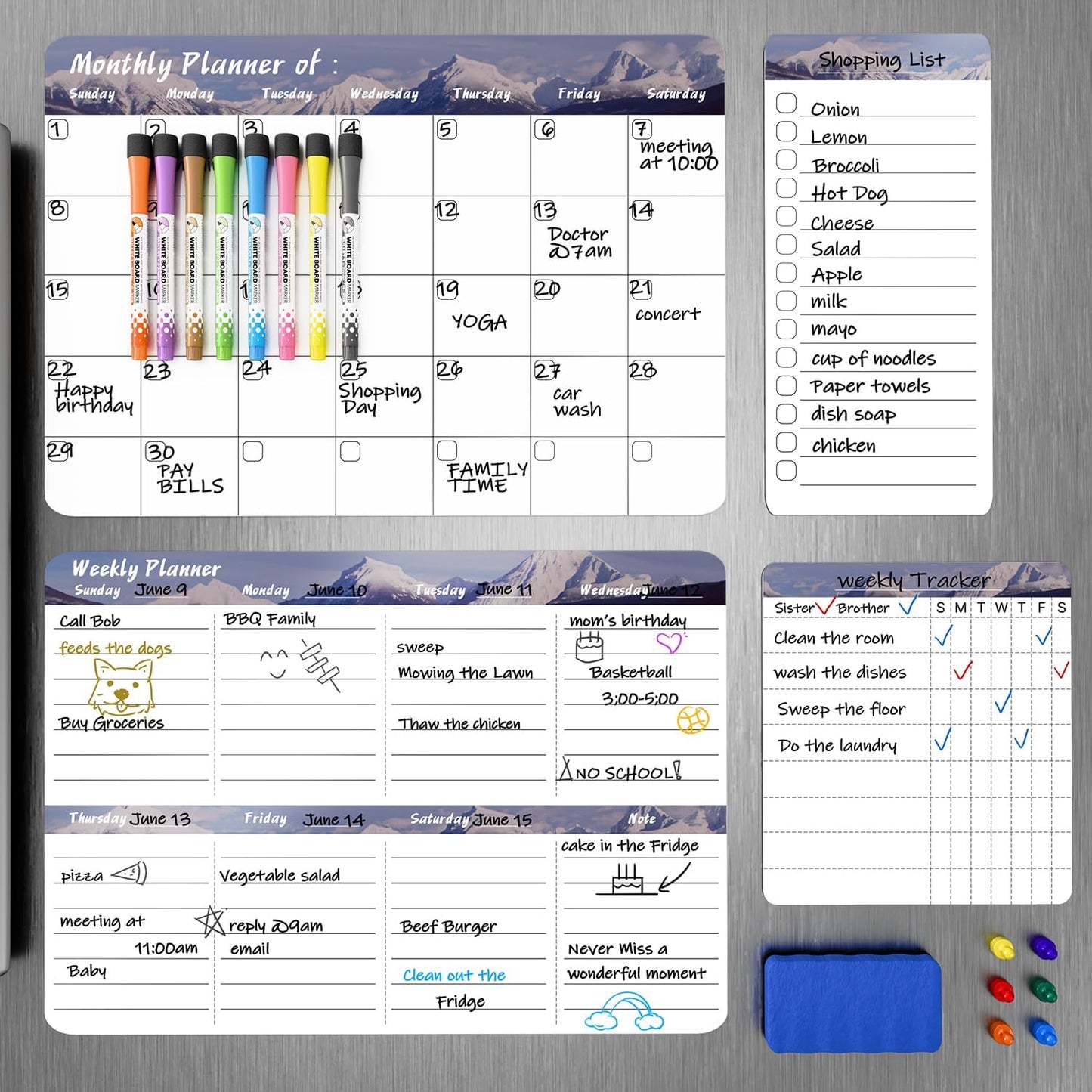 Refrigerator Calendar Magnetic, 16.3x11.7” (4-Pack) – Weekly & Monthly Planner, Chore Chart, Grocery/to-Do List for Fridge, Includes 8 Markers, 6 Magnets & 1 Eraser for Kitchen, Yellow