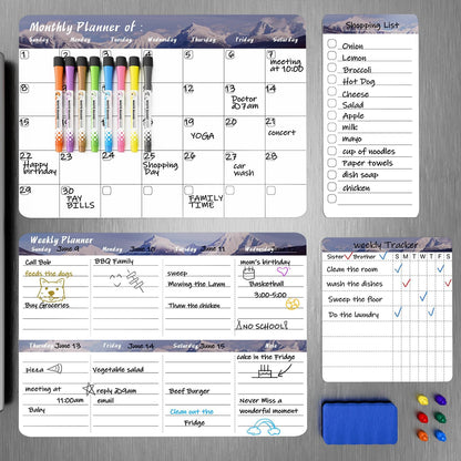 Refrigerator Calendar Magnetic, 16.3x11.7” (4-Pack) – Weekly & Monthly Planner, Chore Chart, Grocery/to-Do List for Fridge, Includes 8 Markers, 6 Magnets & 1 Eraser for Kitchen, Yellow