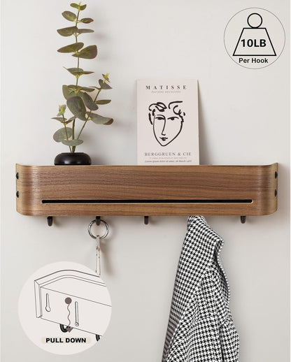 Key Holder Wall Mount with Shelf | 17 inch | Oak | 5 Retractable Hooks | Minimalist | Space-Saving | Modern Wall Coat Hooks | Wooden Key Rack for Entryway & Hallway
