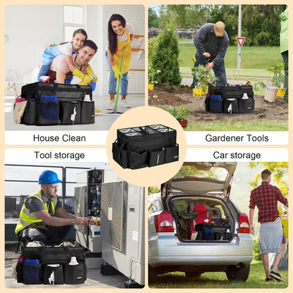 Extra Large Cleaning Caddy Bag with Built-In Support Board, Cleaning Tote Organizer with Removable Divider, Supply Carryall with Adjustable Shoulder Strap and Waist Belt for Cleaners & Housekeeper