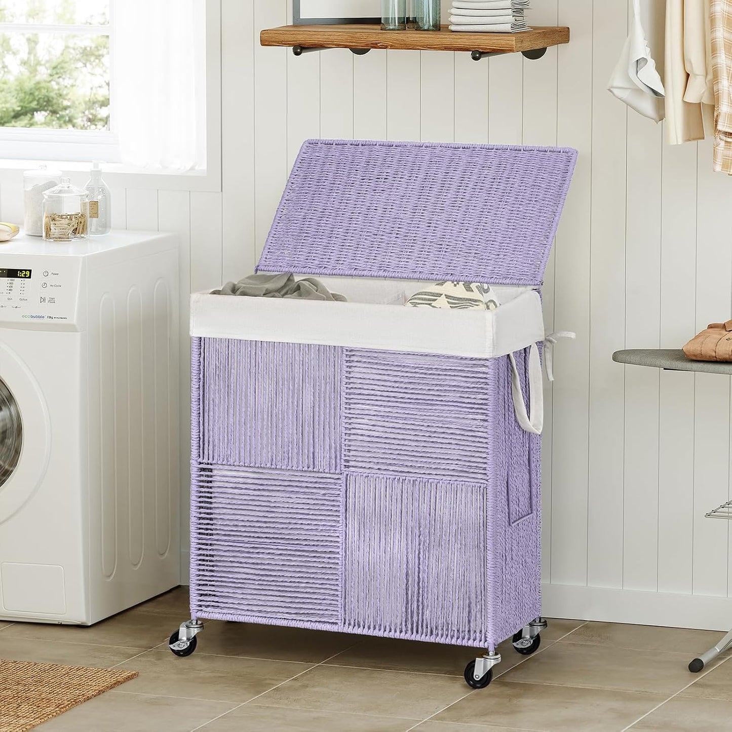 WOWLIVE Double Laundry Hamper with Wheels, Handwoven Rolling Laundry Basket | 115L Dirty Clothes Hamper with Lid, Removable Liner Bag, Large Capacity Laundry Sorter Laundry Room Organization, Green