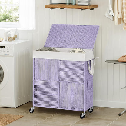 WOWLIVE Double Laundry Hamper with Wheels, Handwoven Rolling Laundry Basket | 115L Dirty Clothes Hamper with Lid, Removable Liner Bag, Large Capacity Laundry Sorter Laundry Room Organization, Green