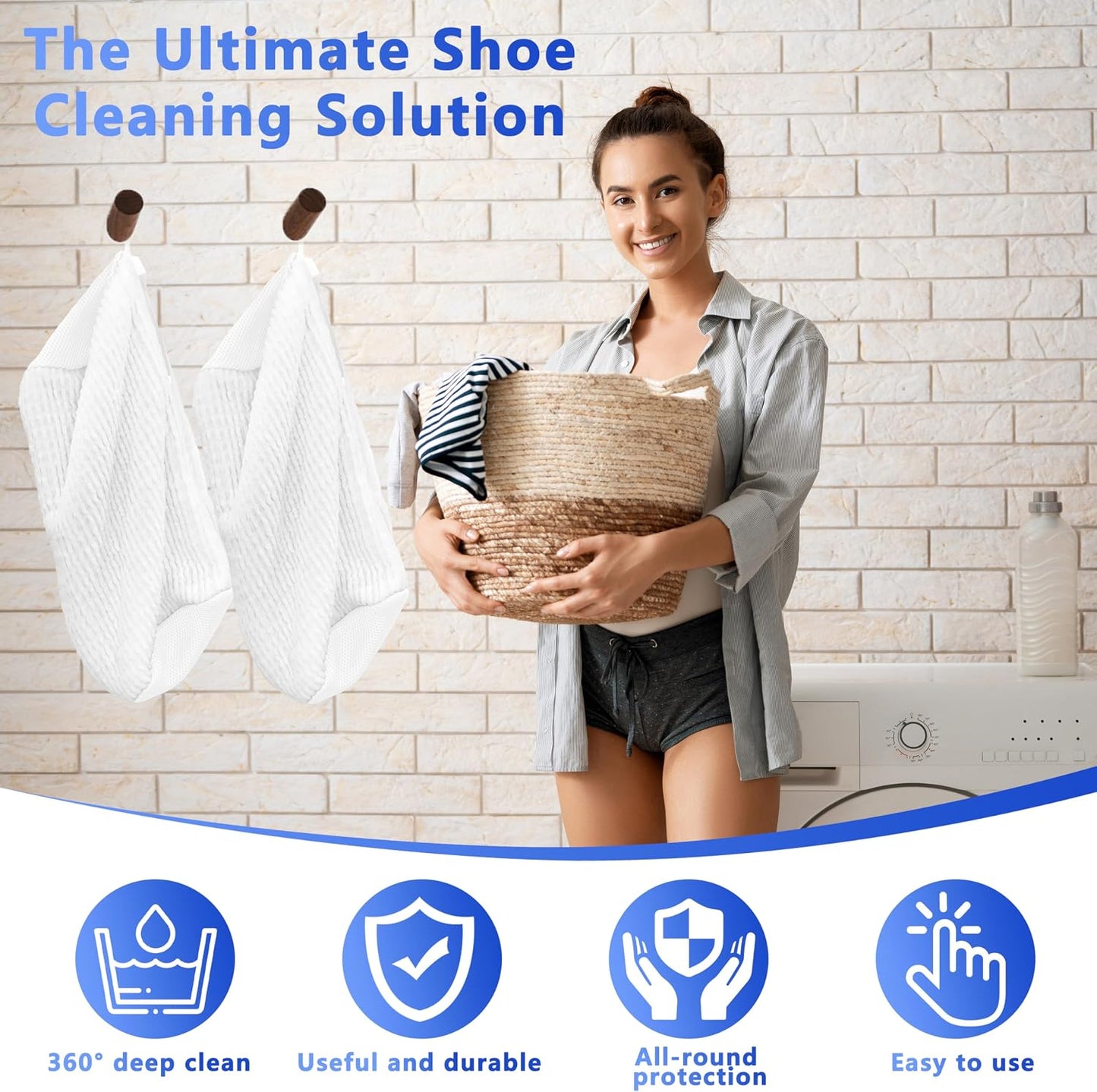 Reusable Shoe Washing Bag, 2-Pack Chenille Laundry Bag for Washer & Dryer. | Soft chenille fibers help deep clean sneakers while the hidden zipper keeps shoes secure and helps protect your washer.