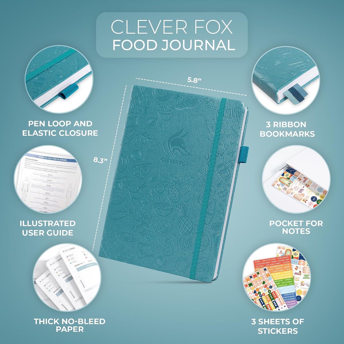 Clever Fox Food Journal for Women & Men, Weight Loss Tracker, Aquamarine | Compact 5.8"x8.3" daily diet diary, food & fitness log, track meals, calories & nutrients, calorie counting notebook