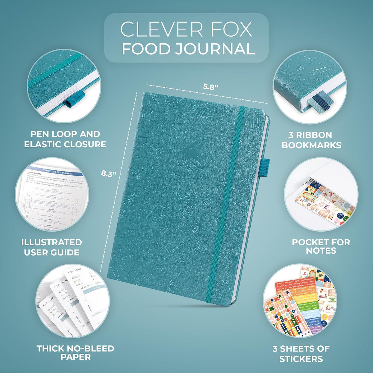Clever Fox Food Journal for Women & Men, Weight Loss Tracker, Aquamarine