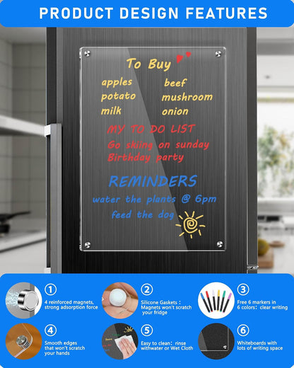 Weekly Acrylic Magnetic Calendar Dry Erase Board for Fridge, 12x16 in | Clear Weekly Planner Whiteboard for Refrigerator, Durable Material, Powerful Magnets, Smooth Writing and Easy Cleaning