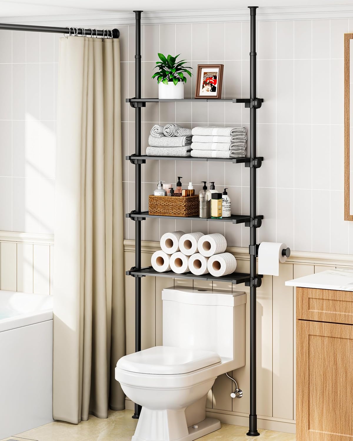 ALLZONE Adjustable Over The Toilet Storage Shelf, 4-Tier Ample Bathroom Organizer and Storage, Tension Mounted Above Toilet Storages Cabinet for Versatility, Fits 66-113 Inch Heights, Black