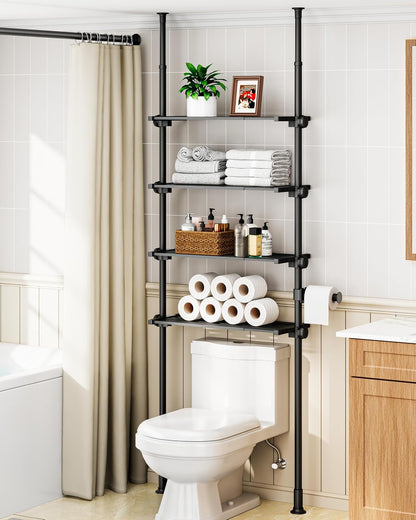 ALLZONE Adjustable Over The Toilet Storage Shelf, 4-Tier Ample Bathroom Organizer and Storage, Tension Mounted Above Toilet Storages Cabinet for Versatility, Fits 66-113 Inch Heights, Black