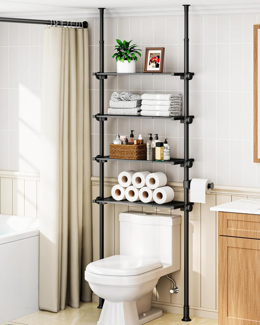 ALLZONE Adjustable Over The Toilet Storage Shelf, 4-Tier Ample Bathroom Organizer and Storage, Tension Mounted Above Toilet Storages Cabinet for Versatility, Fits 66-113 Inch Heights, Black