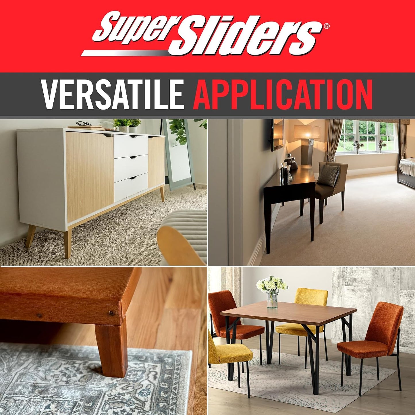 Super Sliders 2-1/2" Self-Stick Square Furniture Sliders for Carpet and Hard Surfaces, Anti-Slip Adhesive Furniture Moving Pads for Beds, Sofas, Dressers, Set of 4, Beige