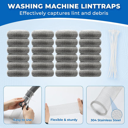 24 Pcs Stainless Lint Trap for Washing Machine Hose Drain Filter with Ties | Rustproof 304 steel mesh, catches pet hair & fluff, reusable, fits washer drain hose, protects pipes, easy clean