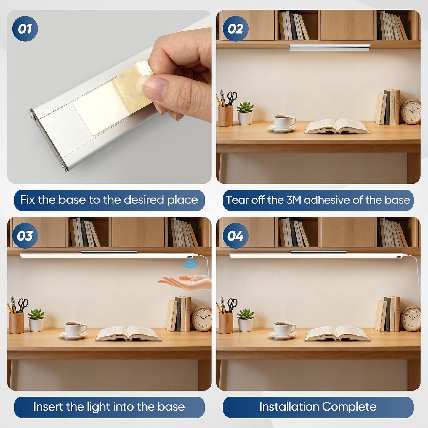 HEYAN 16inch Under Cabinet Lighting, Wall-Mounted Study Lights | 3 Color Temps&Dimmable Hand Sweep Sensor, 90° Rotatable ,Non-Rechargeable, Magnetic Under Closet Lights for Reading,Work