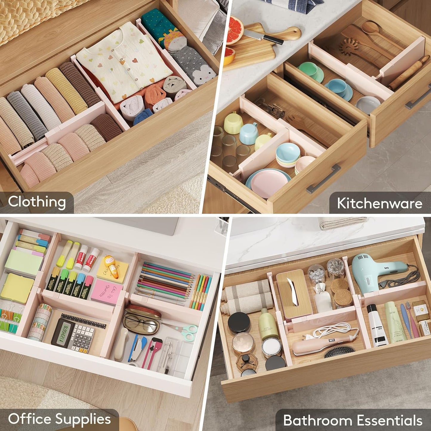 Lifewit 4" High Upgrade Drawer Divider, Adjustable Drawer Organizer Clothes | 5 Pack 11"-17" Expandable Beige Plastic Drawer Separator for Dresser, Kitchen, Closet, Nursery, Office Organization & Storage