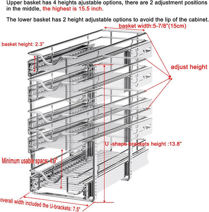 DINDON 2 Tier Pull Out Cabinet Organizer (20" W X 21" D), Double Tier Wire Basket Slide Out Shelf Storage for Kitchen Base Cabinet Organization for Kitchen, Pantry, Bathroom, Chrome
