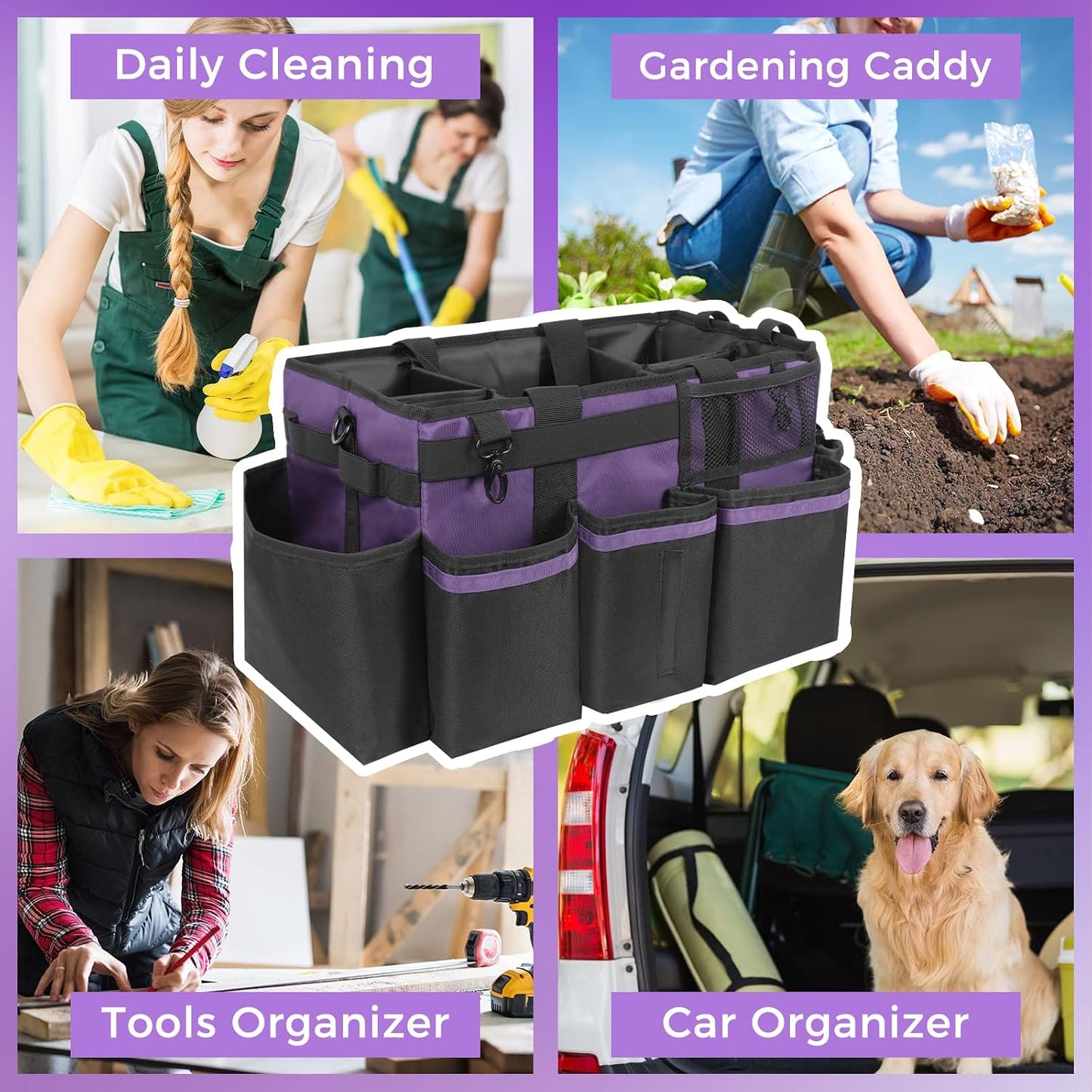 SCAVATA Wearable Cleaning Caddy, Cleaning Caddy Supplies Organizer with Handle & Shoulder Straps for Housekeepers, Under Sink & Car Cleaning Tool Organizers Bag with 4 Foldable Divider (NavyBlue)