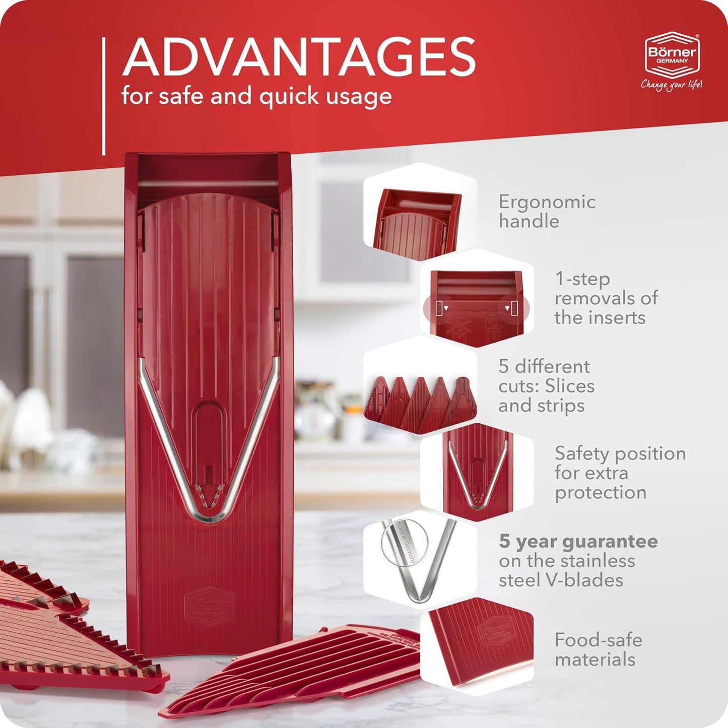 Börner Mandoline Slicer V1 (Basis Set) • V-Slicer with 2 Inserts & Fruit Holder • Adjustable Kitchen Slicer for Vegetables & Fruits • Vegetable Cutter • 3 Thickness Settings • Color: Red