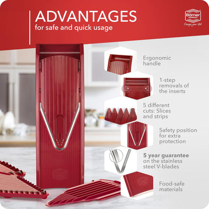 Börner Mandoline Slicer V1 (Basis Set) • V-Slicer with 2 Inserts & Fruit Holder • Adjustable Kitchen Slicer for Vegetables & Fruits • Vegetable Cutter • 3 Thickness Settings • Color: Red