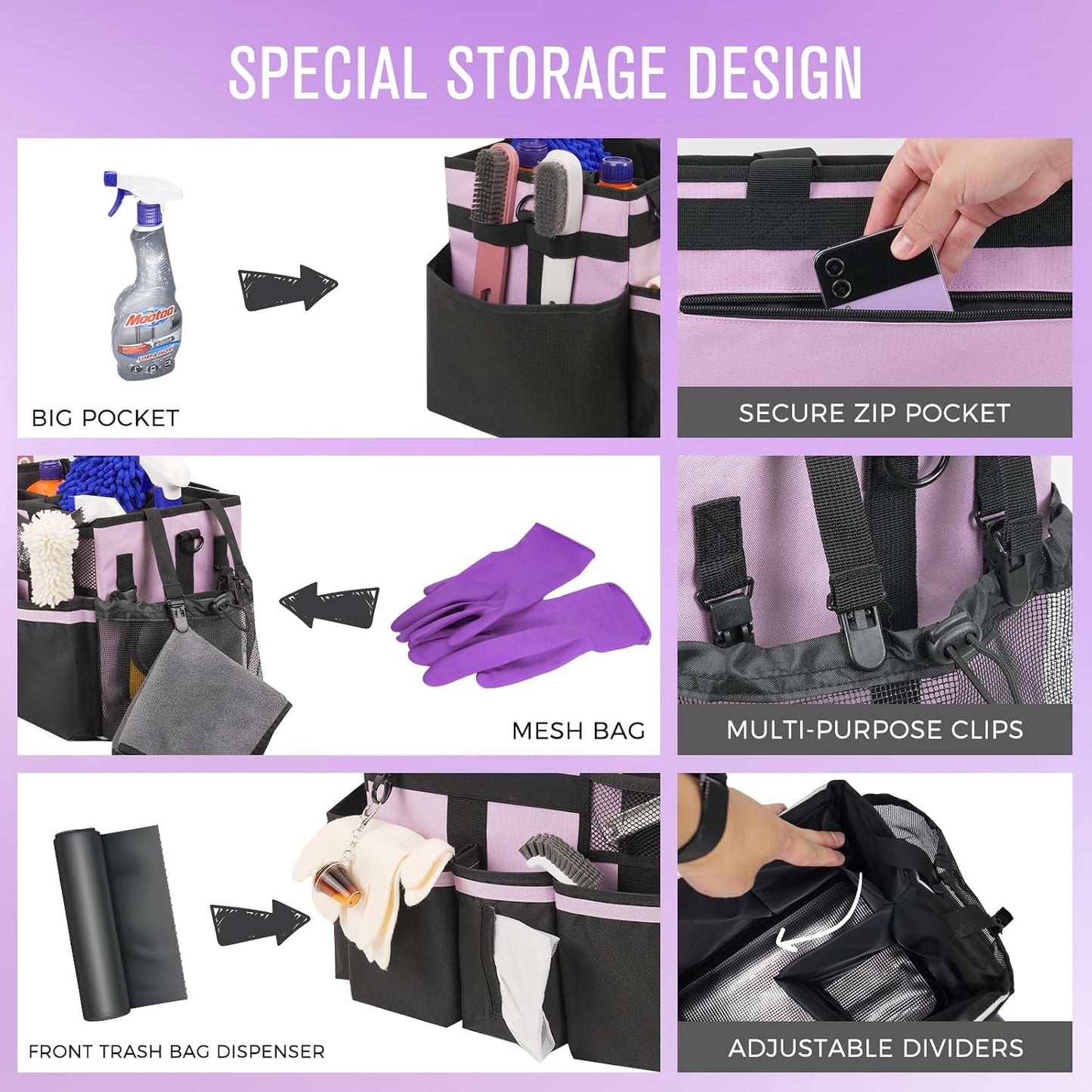 SCAVATA Wearable Cleaning Caddy, Cleaning Caddy Supplies Organizer with Handle & Shoulder Straps for Housekeepers, Under Sink & Car Cleaning Tool Organizers Bag with 4 Foldable Divider (NavyBlue)