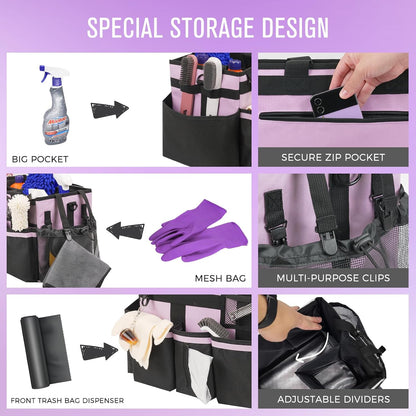 SCAVATA Wearable Cleaning Caddy, Cleaning Caddy Supplies Organizer with Handle & Shoulder Straps for Housekeepers, Under Sink & Car Cleaning Tool Organizers Bag with 4 Foldable Divider (NavyBlue)