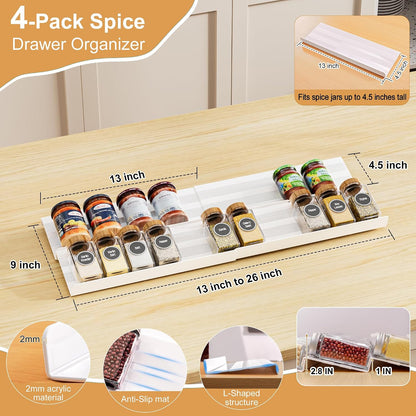 8-Pack Spice Drawer Organizer, Expandable Acrylic Seasoning Rack (13" to 26") with Anti-Slip Mat, Kitchen Spice Rack Holds up to 56 Jars (Jars Not Included)