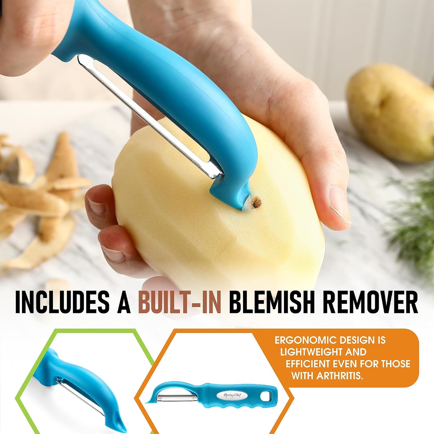 Spring Chef Swivel Potato Peeler for Kitchen w/ Soft Grip Handle, Mango | Premium Vegetable Peeler w/ Sharp Stainless Steel Blades, Multifunctional Food Peeler for Apple, Carrot, Cucumber, Fruit