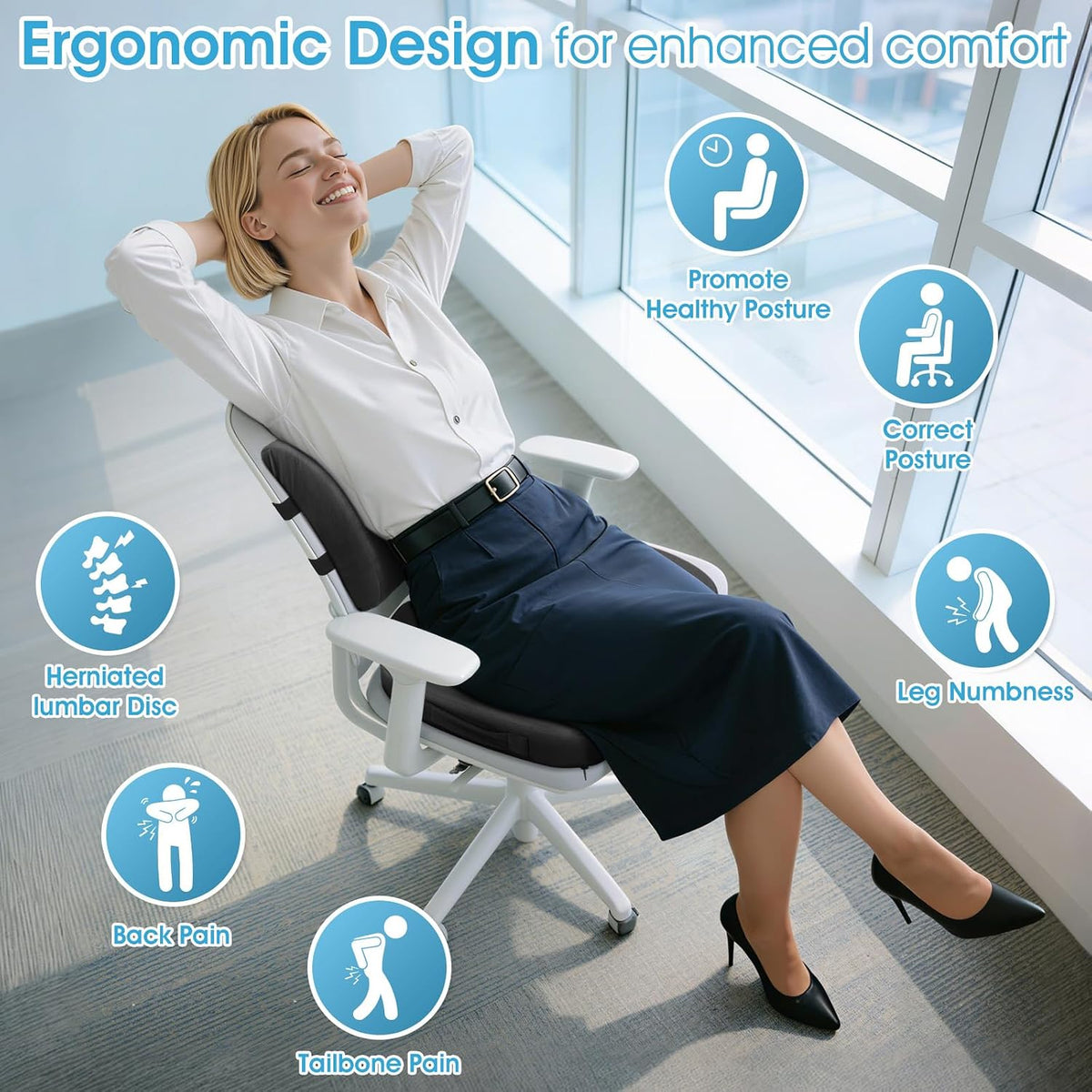 CushZone Seat Cushion and Lumbar Support Pillow for Office Chair, Black