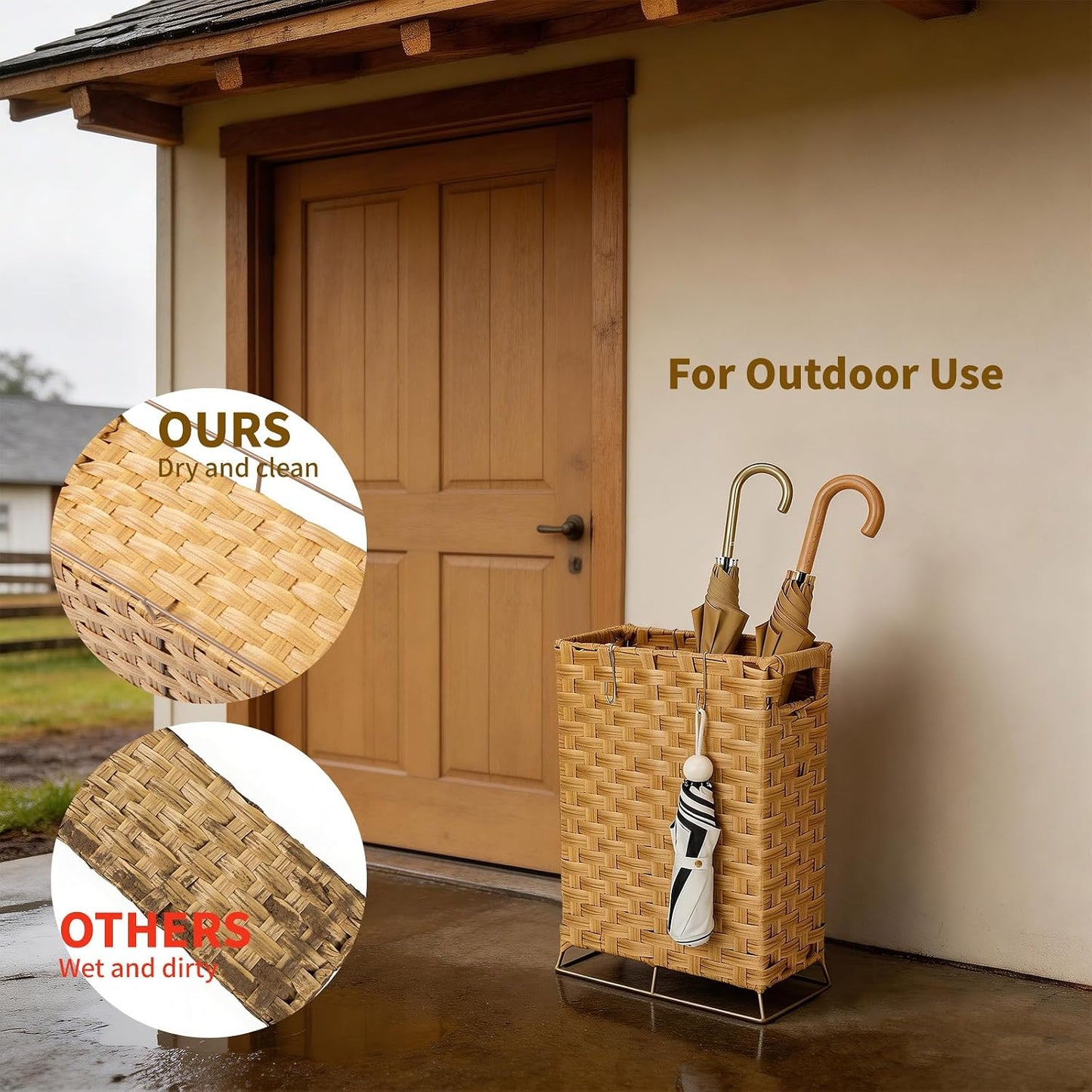 Rattan Umbrella Holder Basket Stand for Entryway | Handwoven, Indoor Umbrella Storage with Waterproof Base, Durable Metal Hooks & Removable Drip Tray