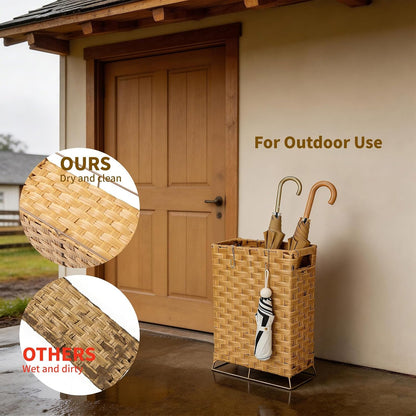 Rattan Umbrella Holder Basket Stand for Entryway | Handwoven, Indoor Umbrella Storage with Waterproof Base, Durable Metal Hooks & Removable Drip Tray