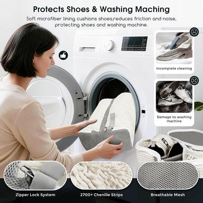 Shoe Washing Machine Bag for Sneaker Cleaning Laundry Shoe Bag, Yellow | Dual Compartment, Full Protection, Clasp-Lock Zipper, Dense Chenille, Bound Edge & Seams