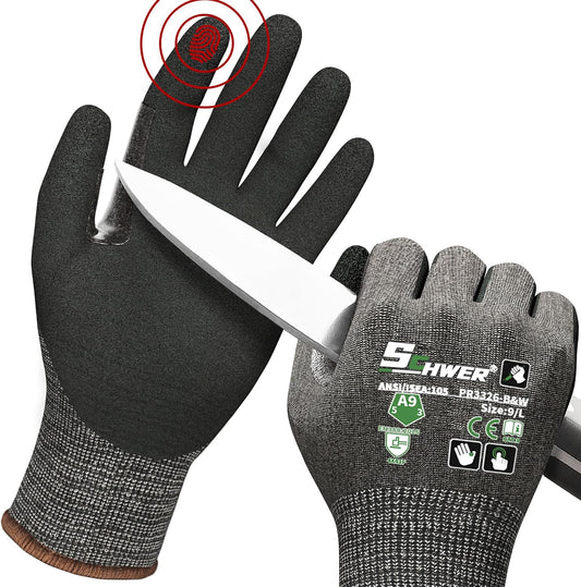 Schwer ProGuard High Level Cut Resistant Work Gloves for Extreme Protection, ANSI A9 Cut Gloves with Reinforced Thumb, Non Slip, Breathable, Durable, Touch-screen, Black 1 Pair（L 3326