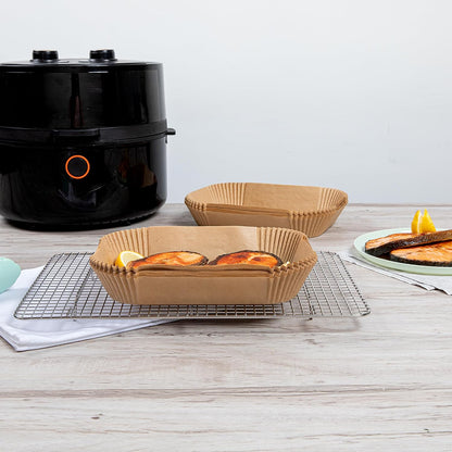 Restaurantware-Pastry Tek 8.1 x 5.5 x 1.8 Inch Air Fryer Liners, 100 Rectangle Air Fryer Baskets - No-Stick Silicone Coating, Unbleached, Food-Grade Paper Liners, For Steamer, Microwave, Oven