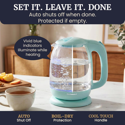 Elite Gourmet EKT1792M 1.7L Glass Kettle, Blue LED, Rapid Boil, 7.2 Cups | Auto Shut-Off, Boil-Dry Protection, 360° Cordless Base, Hot Water for Tea, Coffee & Oatmeal