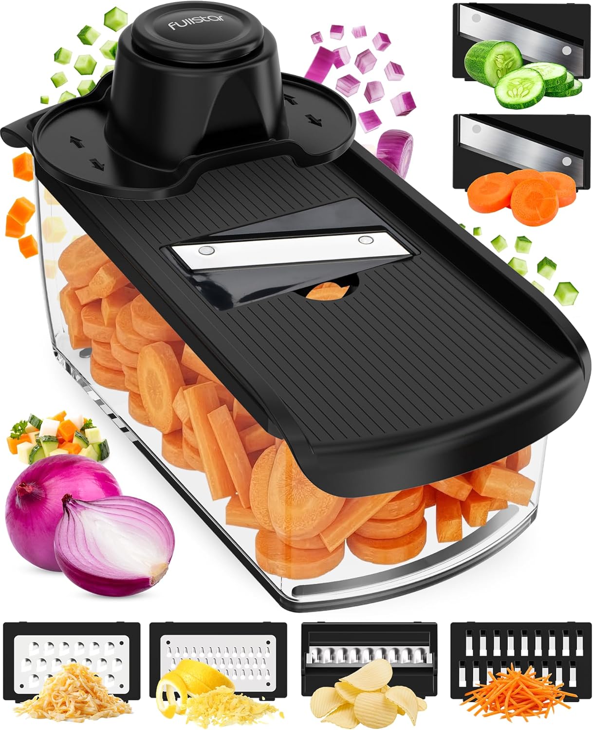 Fullstar Pro Mandoline Vegetable Slicer, Grater & Spiralizer with Container | 6 in 1 Fruit Cutter, Cheese Grater & Spiralizer with Safety Gloves, Stainless Steel Blades & Container (Black)
