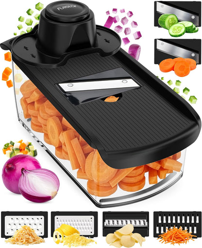 Fullstar Pro Mandoline Vegetable Slicer, Grater & Spiralizer with Container | 6 in 1 Fruit Cutter, Cheese Grater & Spiralizer with Safety Gloves, Stainless Steel Blades & Container (Black)