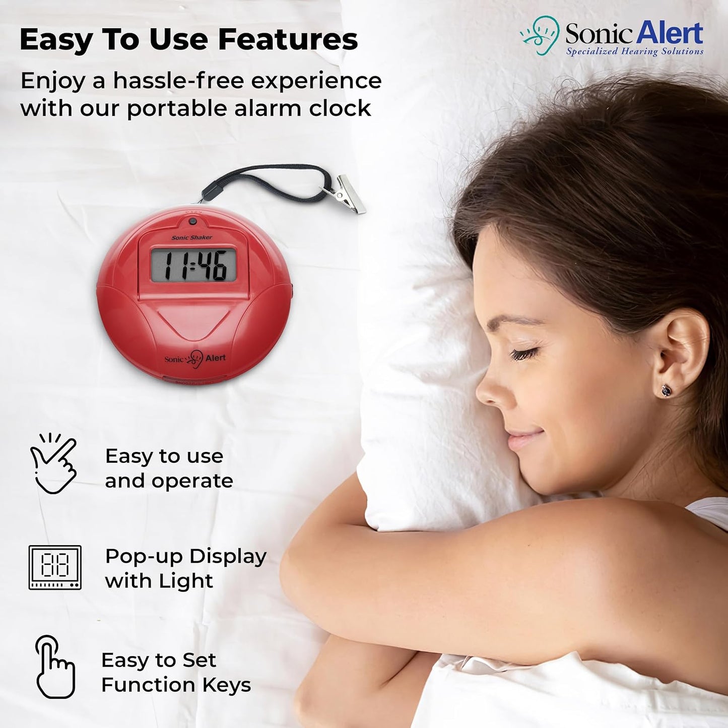 Sonic Alert Digital Alarm Clock - Small Travel Clocks for Heavy Sleepers - Battery Operated with Vibrating Bed Shaker - Red