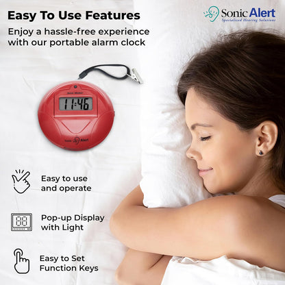Sonic Alert Digital Alarm Clock - Small Travel Clocks for Heavy Sleepers - Battery Operated with Vibrating Bed Shaker - Red
