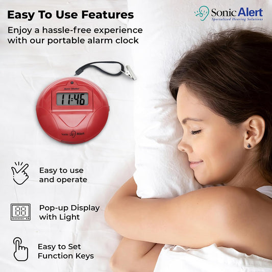 Sonic Alert Digital Alarm Clock - Small Travel Clocks for Heavy Sleepers - Battery Operated with Vibrating Bed Shaker - Red