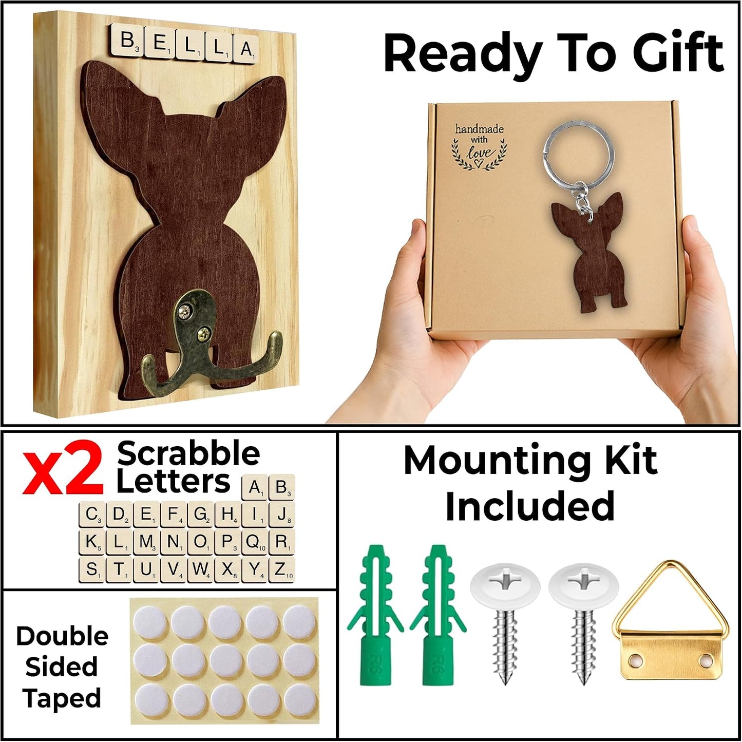 Dog Leash Holder Wall Mount, Pet Harness Hanger with Scrabble Letters, Dog Collar Organizer for Entryway, Memorial Cat Leash Holder for Wall, Pet Loss Gifts, Keepsake, Home Decor PF212-NAT