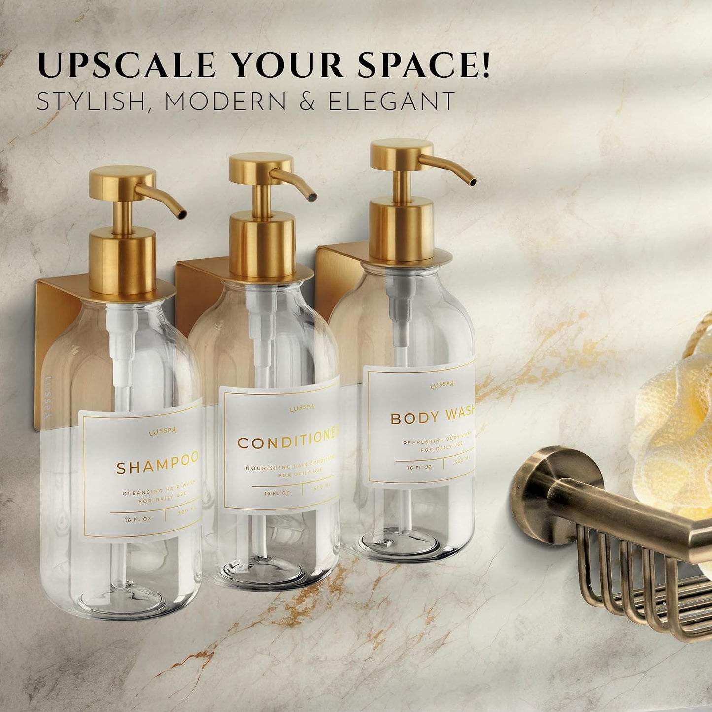 Shower Shampoo Dispenser Wall Mounted – 3 Refillable 16.9 oz Clear Bottles with Stainless Steel Pumps & No-Drill Adhesive Holders – Soap Dispenser Set for Bathroom (3 X Clear/Silver)