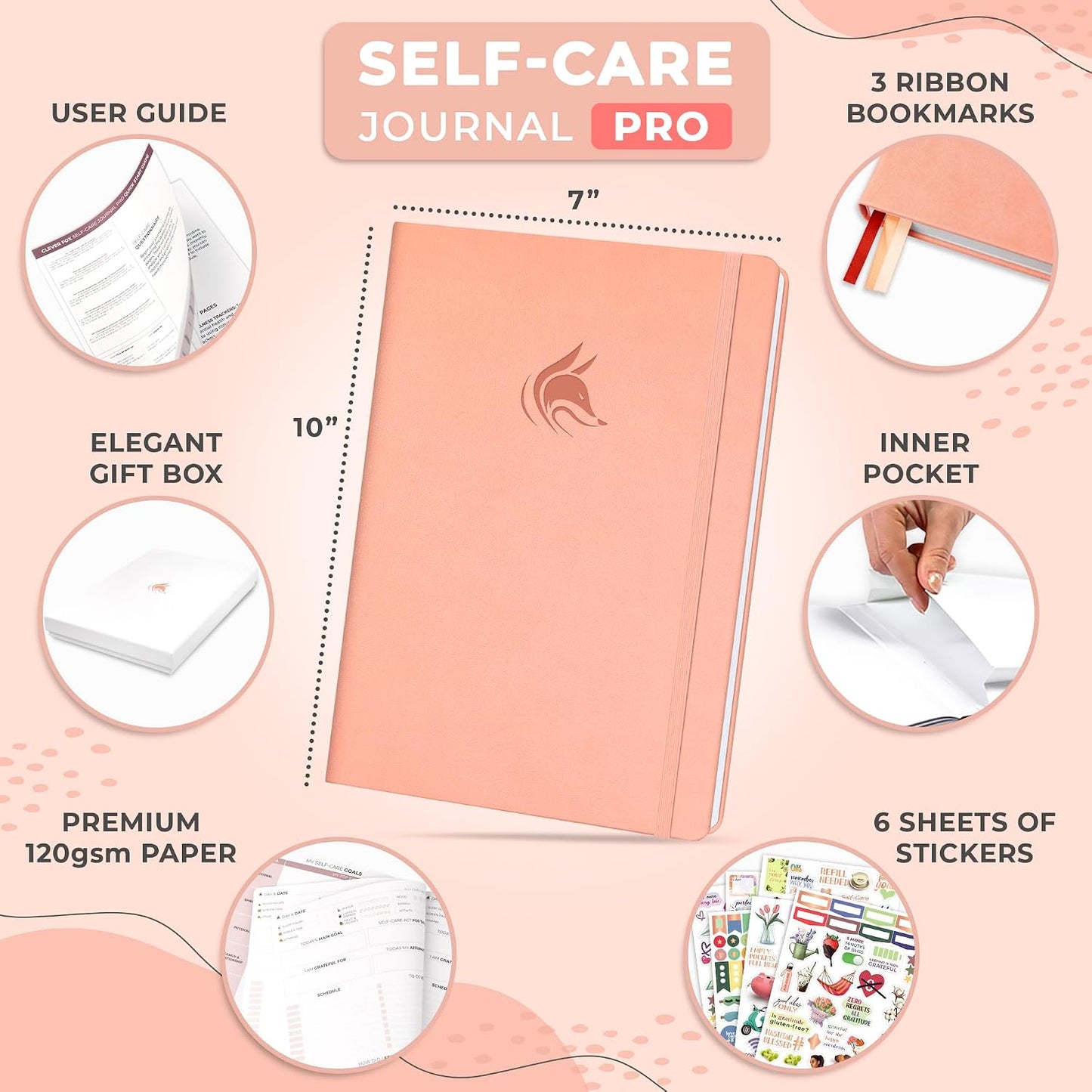 Clever Fox Self-Care Journal PRO for Women, Mental Health, Seashell | Guided daily life reflection, wellness, gratitude, and mood prompts, habit tracker, 7x10 in, eco leather hardcover