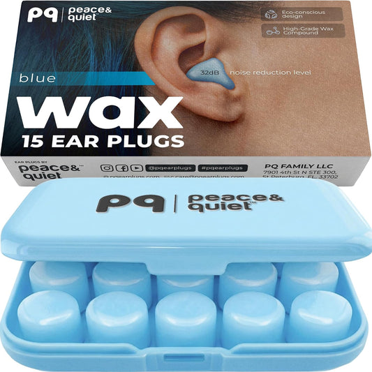 Peace&Quiet PQ Wax Ear Plugs for Sleeping, Swimming - 15 Soft Noise Cancelling Silicone Gel Wax Earplugs for Sleep and Swimmers, Ear Protection with Sound Blocking Level of 32 Db, (15-Pillows)