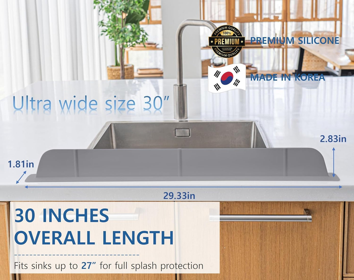 30 inch(75cm) Premium Kitchen Sink Silicone Water Splash Guard SIZE UPGRADE 30" and new package - NO Suction Cups, Ultra Wide 30" - Made in Korea (Ultra Wide Eco Gray)