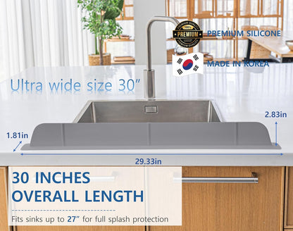 30 inch(75cm) Premium Kitchen Sink Silicone Water Splash Guard SIZE UPGRADE 30" and new package - NO Suction Cups, Ultra Wide 30" - Made in Korea (Ultra Wide Eco Gray)